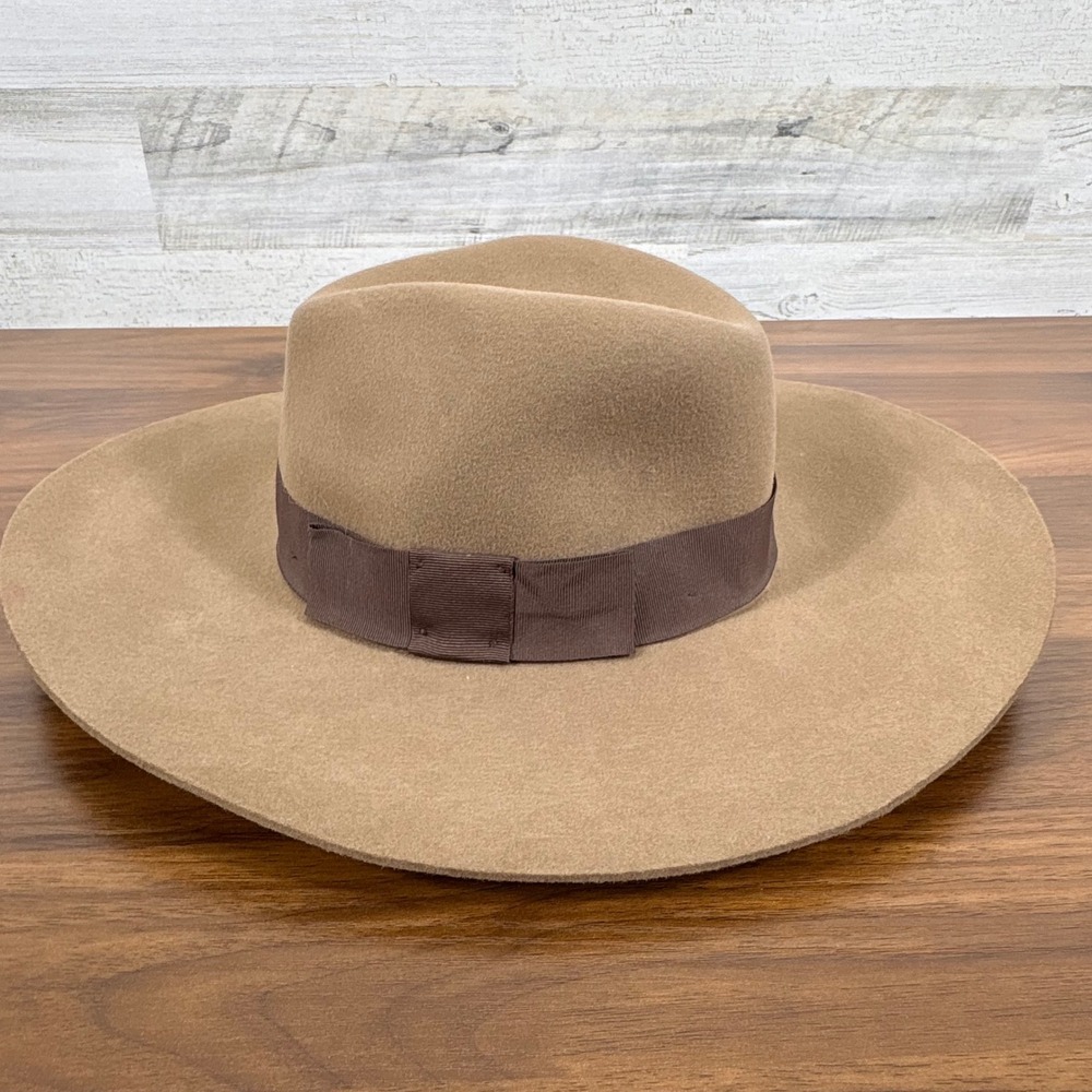 Brixton Wide Brim 100%‎ Wool Felt Hat Tan Fedora Cowboy Style 22 inch Size S 7